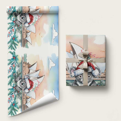 Australia Christmas Wrapping Paper Koala Santa Sydney Opera House Watercolor - Aussie Hoodie