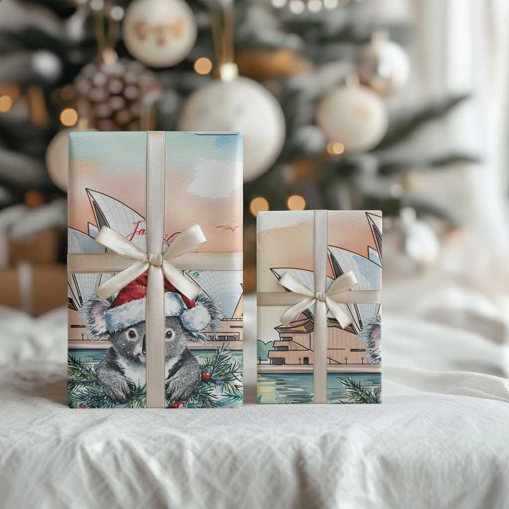 Australia Christmas Wrapping Paper Koala Santa Sydney Opera House Watercolor - Aussie Hoodie