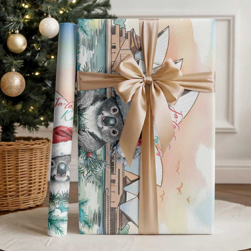 Australia Christmas Wrapping Paper Koala Santa Sydney Opera House Watercolor - Aussie Hoodie