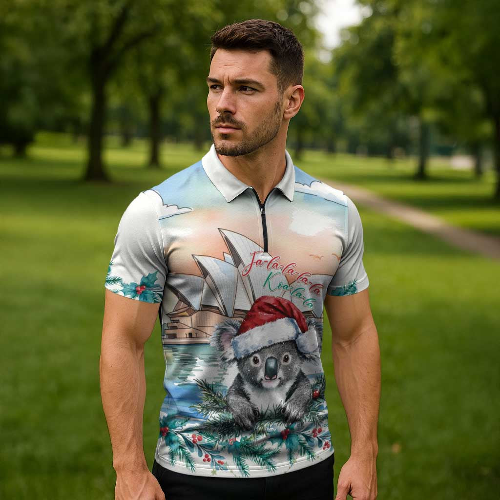 Australia Christmas Zipper Polo Shirt Koala Santa Sydney Opera House Watercolor - Aussie Hoodie