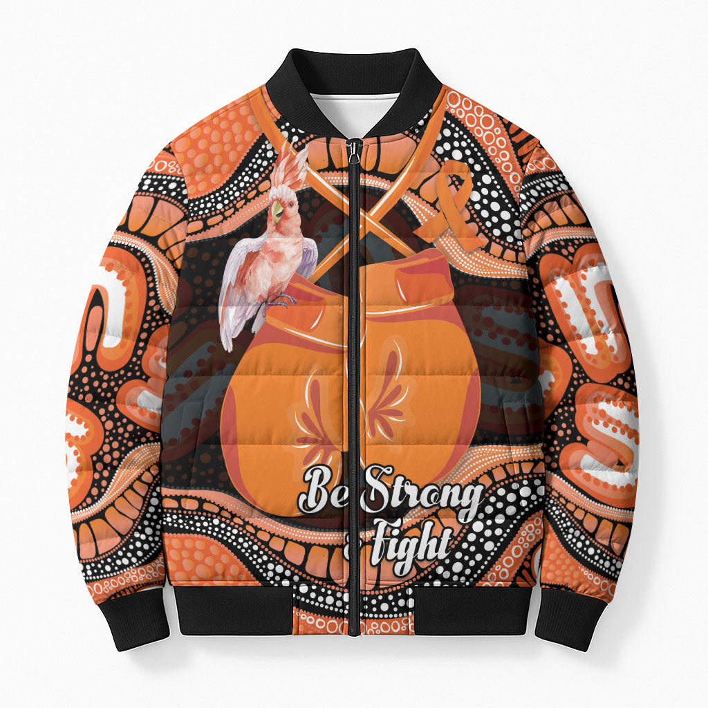 Personalised Australia Leukemia Awareness Month Bomber Puffer Jacket Aussie Cockatoo Fight Boxing Gloves Aboriginal Art