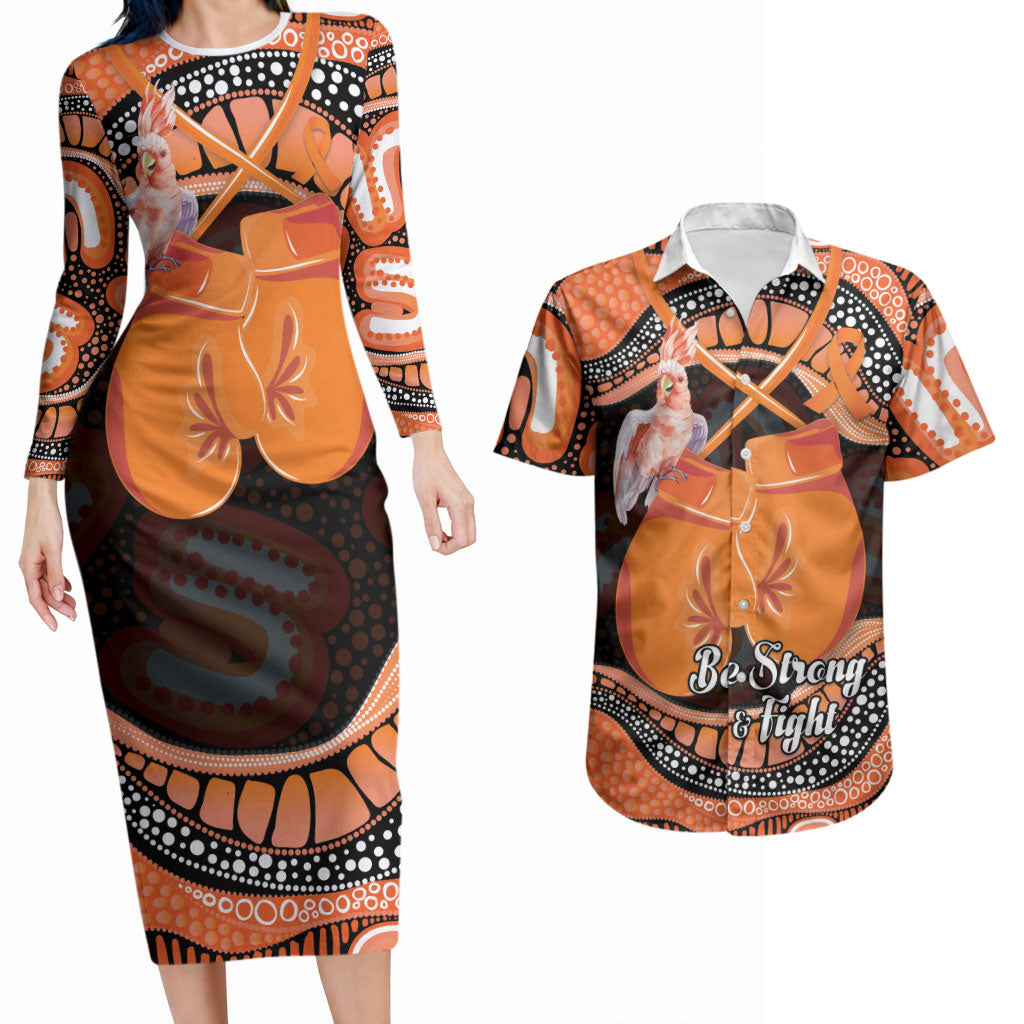 Personalised Australia Leukemia Awareness Month Couples Matching Long Sleeve Bodycon Dress and Hawaiian Shirt Aussie Cockatoo Fight Boxing Gloves Aboriginal Art
