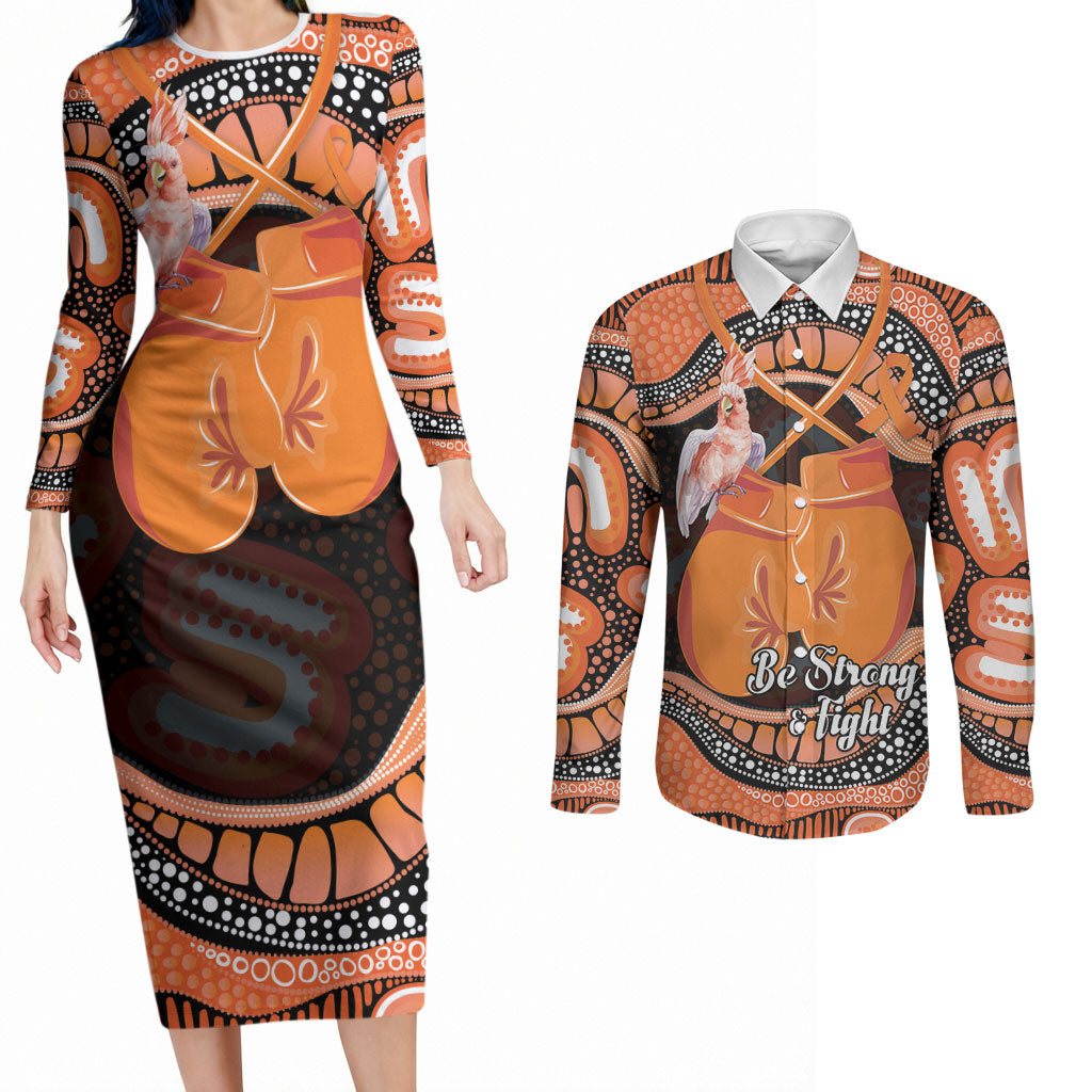 Personalised Australia Leukemia Awareness Month Couples Matching Long Sleeve Bodycon Dress and Long Sleeve Button Shirt Aussie Cockatoo Fight Boxing Gloves Aboriginal Art