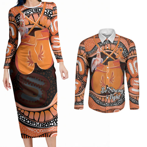 Personalised Australia Leukemia Awareness Month Couples Matching Long Sleeve Bodycon Dress and Long Sleeve Button Shirt Aussie Cockatoo Fight Boxing Gloves Aboriginal Art