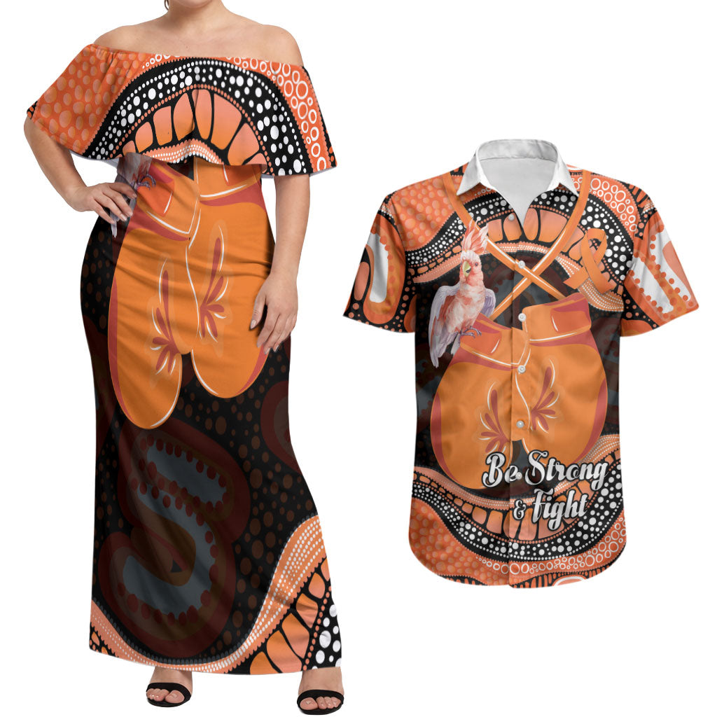 Personalised Australia Leukemia Awareness Month Couples Matching Off Shoulder Maxi Dress and Hawaiian Shirt Aussie Cockatoo Fight Boxing Gloves Aboriginal Art