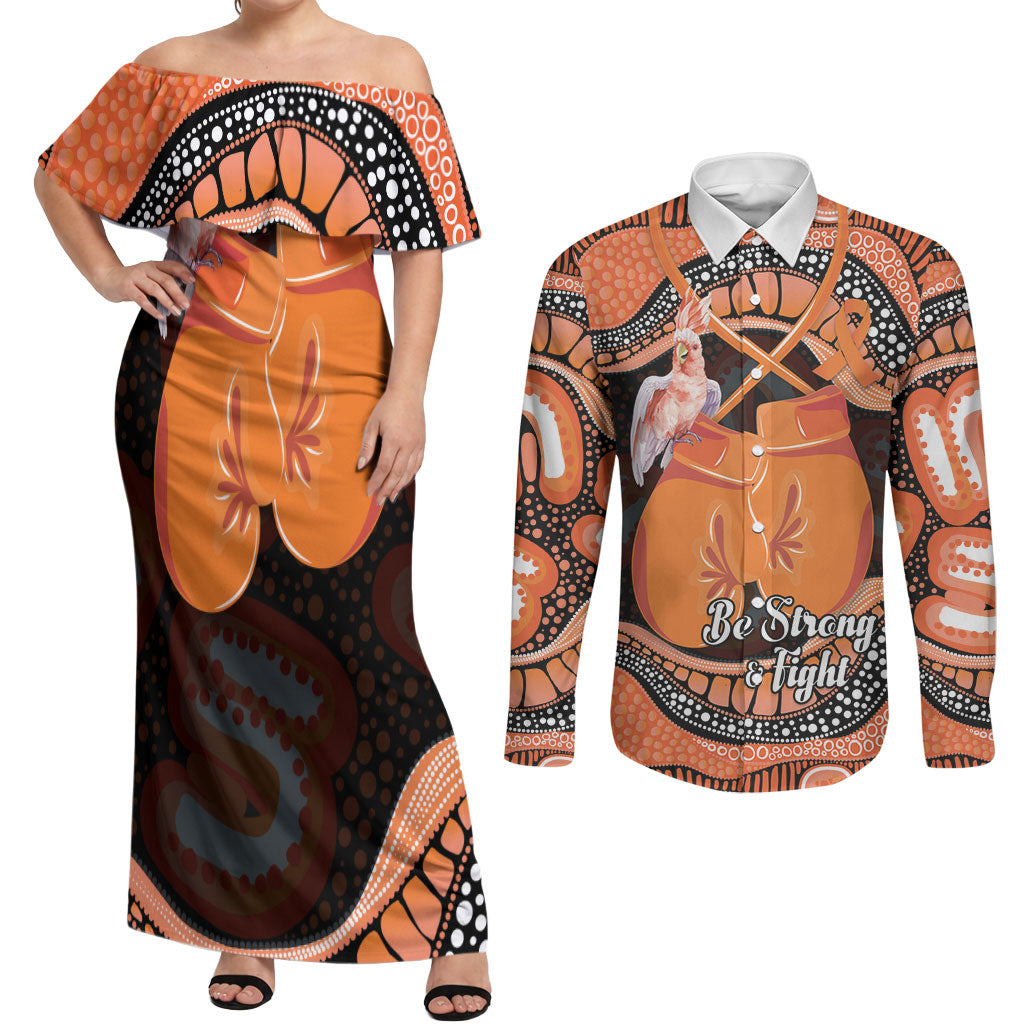 Personalised Australia Leukemia Awareness Month Couples Matching Off Shoulder Maxi Dress and Long Sleeve Button Shirt Aussie Cockatoo Fight Boxing Gloves Aboriginal Art