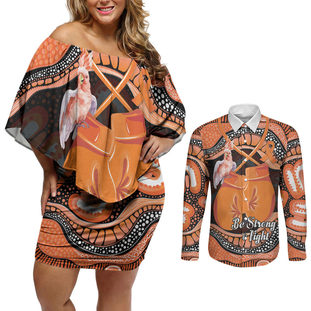 Personalised Australia Leukemia Awareness Month Couples Matching Off Shoulder Short Dress and Long Sleeve Button Shirt Aussie Cockatoo Fight Boxing Gloves Aboriginal Art