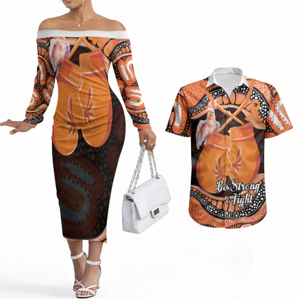 Personalised Australia Leukemia Awareness Month Couples Matching Off The Shoulder Long Sleeve Dress and Hawaiian Shirt Aussie Cockatoo Fight Boxing Gloves Aboriginal Art