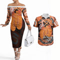 Personalised Australia Leukemia Awareness Month Couples Matching Off The Shoulder Long Sleeve Dress and Hawaiian Shirt Aussie Cockatoo Fight Boxing Gloves Aboriginal Art