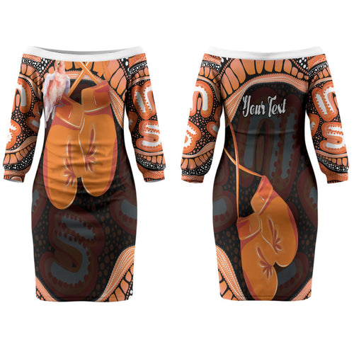 Personalised Australia Leukemia Awareness Month Couples Matching Off The Shoulder Long Sleeve Dress and Hawaiian Shirt Aussie Cockatoo Fight Boxing Gloves Aboriginal Art