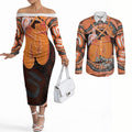 Personalised Australia Leukemia Awareness Month Couples Matching Off The Shoulder Long Sleeve Dress and Long Sleeve Button Shirt Aussie Cockatoo Fight Boxing Gloves Aboriginal Art