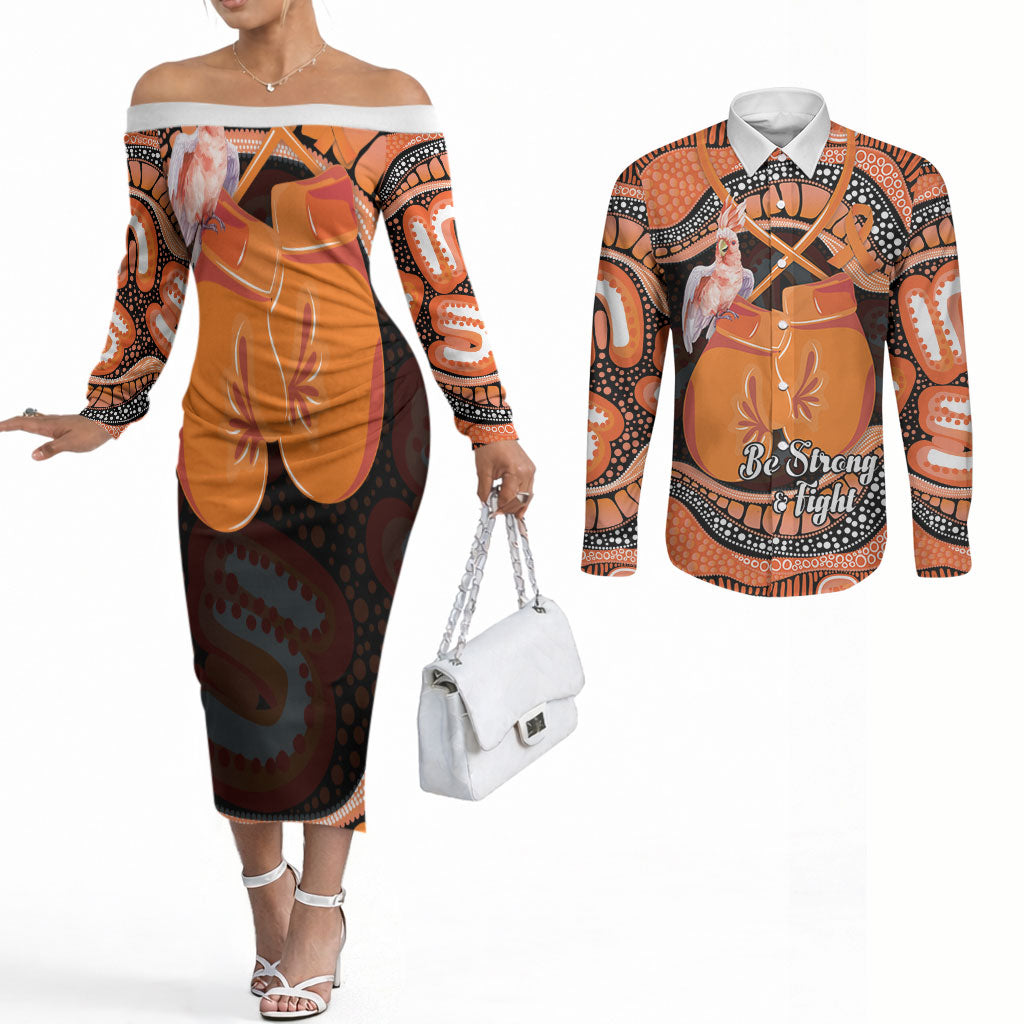 Personalised Australia Leukemia Awareness Month Couples Matching Off The Shoulder Long Sleeve Dress and Long Sleeve Button Shirt Aussie Cockatoo Fight Boxing Gloves Aboriginal Art