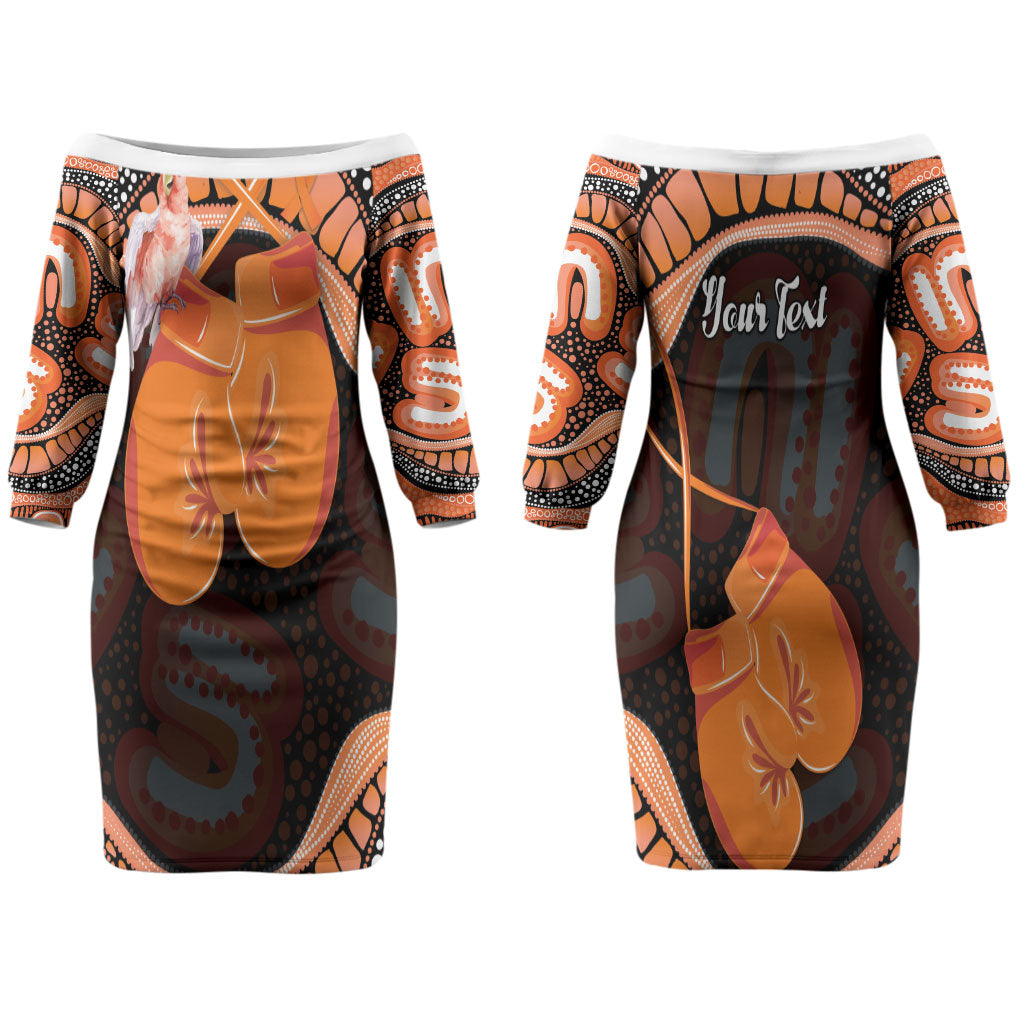 Personalised Australia Leukemia Awareness Month Couples Matching Off The Shoulder Long Sleeve Dress and Long Sleeve Button Shirt Aussie Cockatoo Fight Boxing Gloves Aboriginal Art