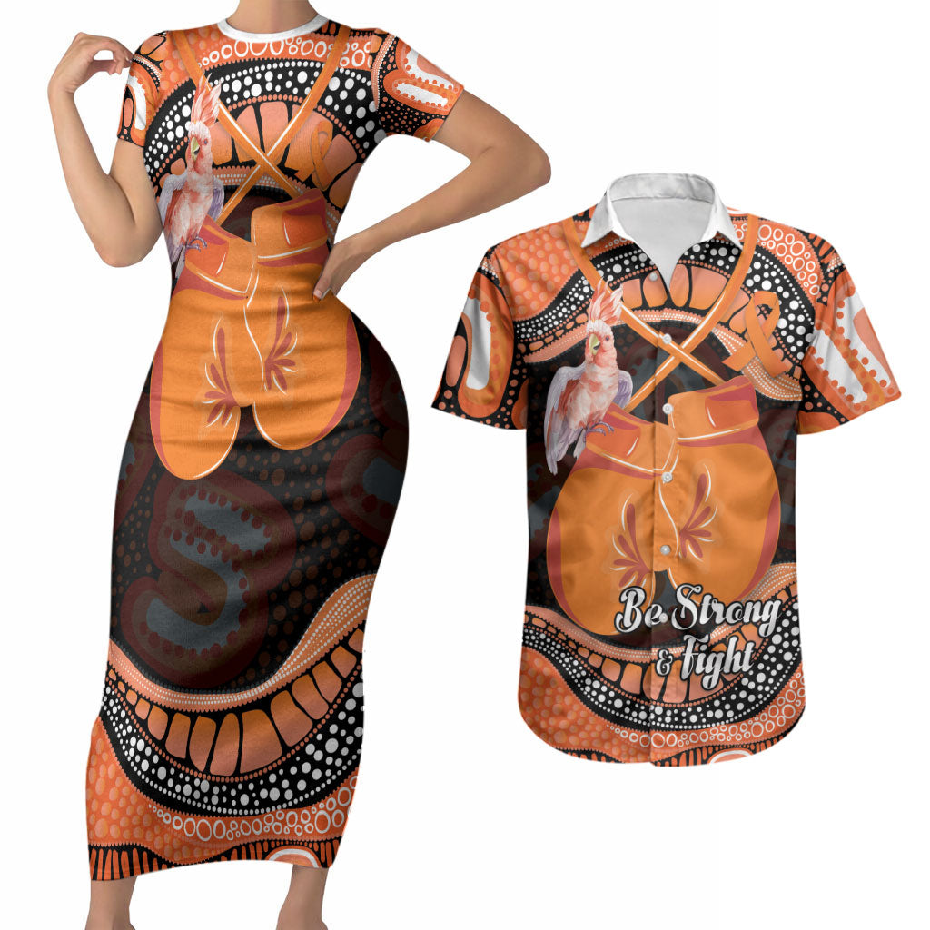 Personalised Australia Leukemia Awareness Month Couples Matching Short Sleeve Bodycon Dress and Hawaiian Shirt Aussie Cockatoo Fight Boxing Gloves Aboriginal Art