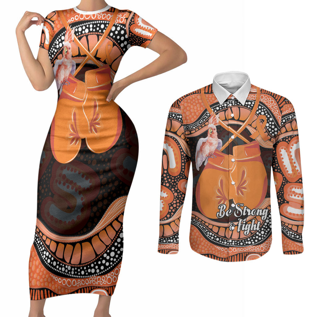 Personalised Australia Leukemia Awareness Month Couples Matching Short Sleeve Bodycon Dress and Long Sleeve Button Shirt Aussie Cockatoo Fight Boxing Gloves Aboriginal Art