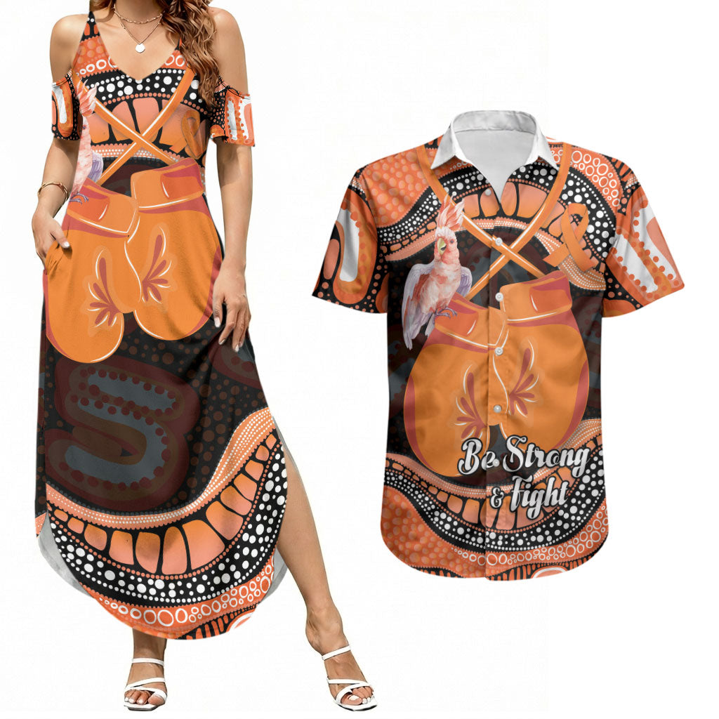 Personalised Australia Leukemia Awareness Month Couples Matching Summer Maxi Dress and Hawaiian Shirt Aussie Cockatoo Fight Boxing Gloves Aboriginal Art