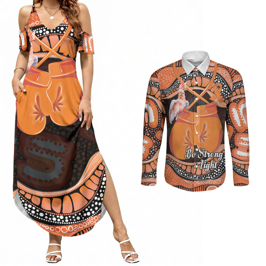 Personalised Australia Leukemia Awareness Month Couples Matching Summer Maxi Dress and Long Sleeve Button Shirt Aussie Cockatoo Fight Boxing Gloves Aboriginal Art