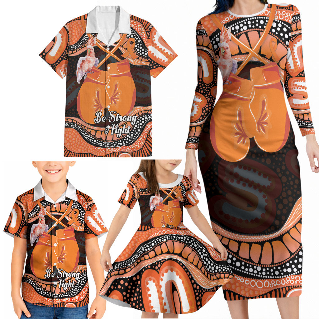 Personalised Australia Leukemia Awareness Month Family Matching Long Sleeve Bodycon Dress and Hawaiian Shirt Aussie Cockatoo Fight Boxing Gloves Aboriginal Art