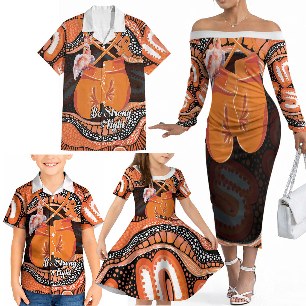 Personalised Australia Leukemia Awareness Month Family Matching Off The Shoulder Long Sleeve Dress and Hawaiian Shirt Aussie Cockatoo Fight Boxing Gloves Aboriginal Art