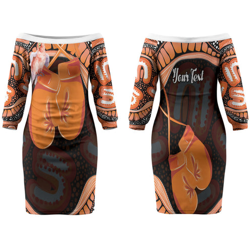 Personalised Australia Leukemia Awareness Month Family Matching Off The Shoulder Long Sleeve Dress and Hawaiian Shirt Aussie Cockatoo Fight Boxing Gloves Aboriginal Art