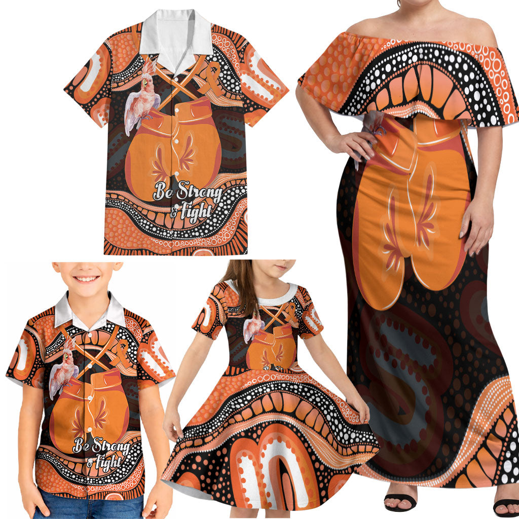 Personalised Australia Leukemia Awareness Month Family Matching Off Shoulder Maxi Dress and Hawaiian Shirt Aussie Cockatoo Fight Boxing Gloves Aboriginal Art