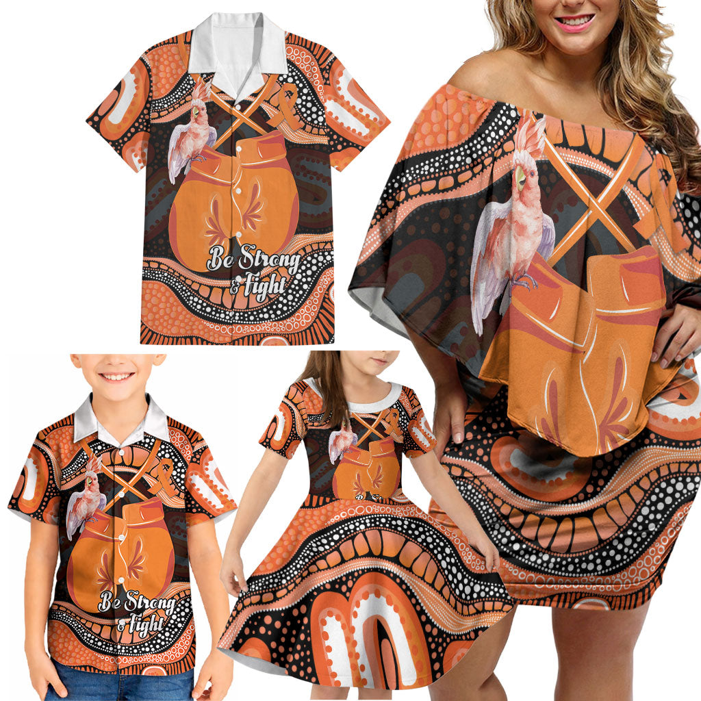 Personalised Australia Leukemia Awareness Month Family Matching Off Shoulder Short Dress and Hawaiian Shirt Aussie Cockatoo Fight Boxing Gloves Aboriginal Art