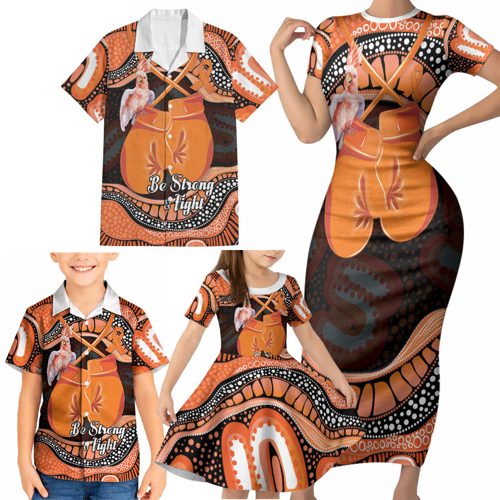 Personalised Australia Leukemia Awareness Month Family Matching Short Sleeve Bodycon Dress and Hawaiian Shirt Aussie Cockatoo Fight Boxing Gloves Aboriginal Art