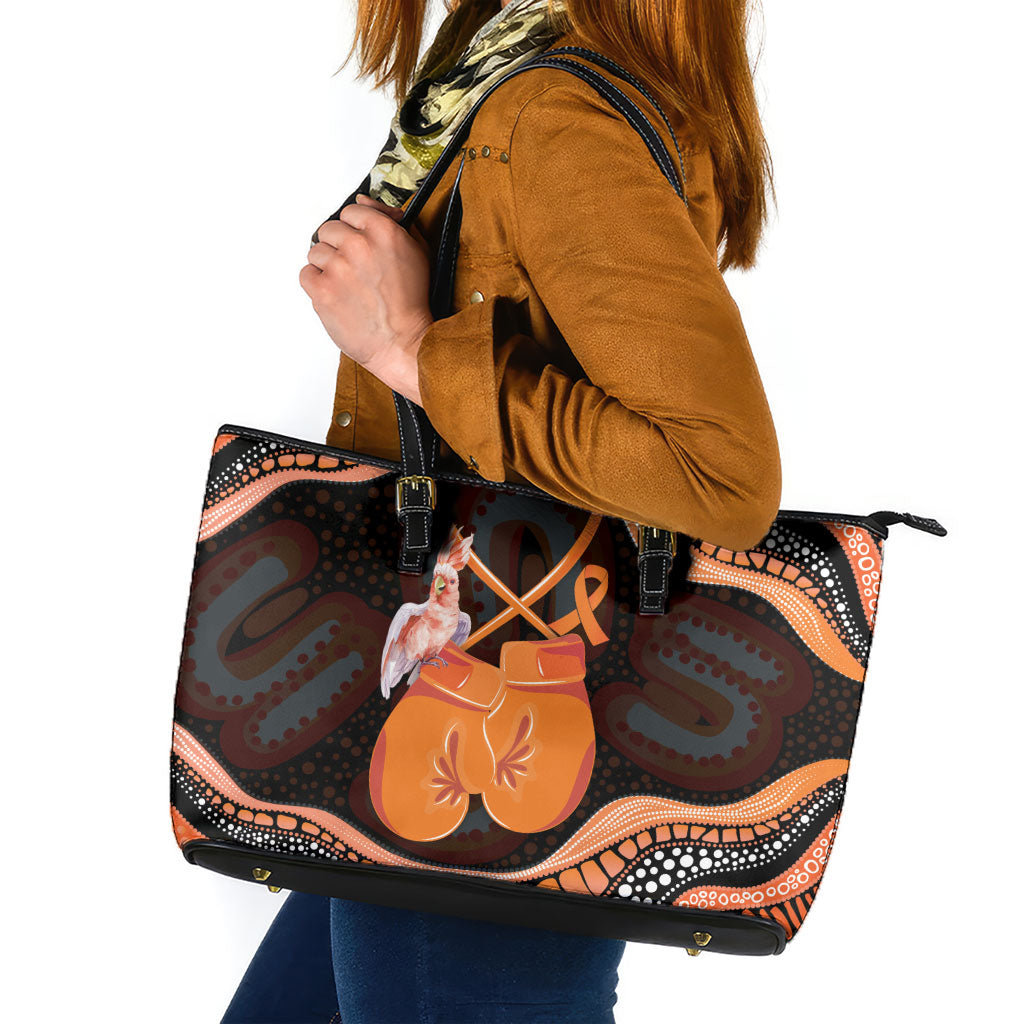 Australia Leukemia Awareness Month Leather Tote Bag Aussie Cockatoo Fight Boxing Gloves Aboriginal Art