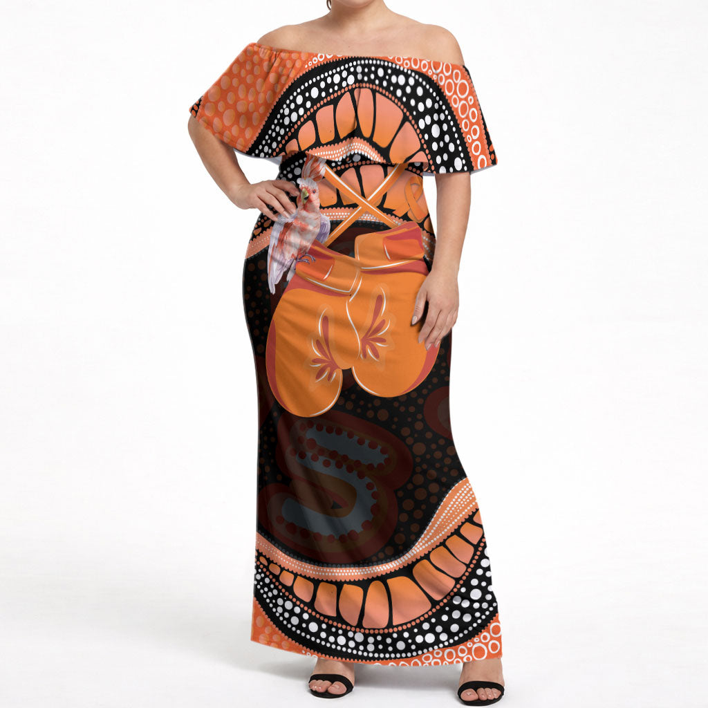 Personalised Australia Leukemia Awareness Month Off Shoulder Maxi Dress Aussie Cockatoo Fight Boxing Gloves Aboriginal Art