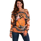 Personalised Australia Leukemia Awareness Month Off Shoulder Sweater Aussie Cockatoo Fight Boxing Gloves Aboriginal Art