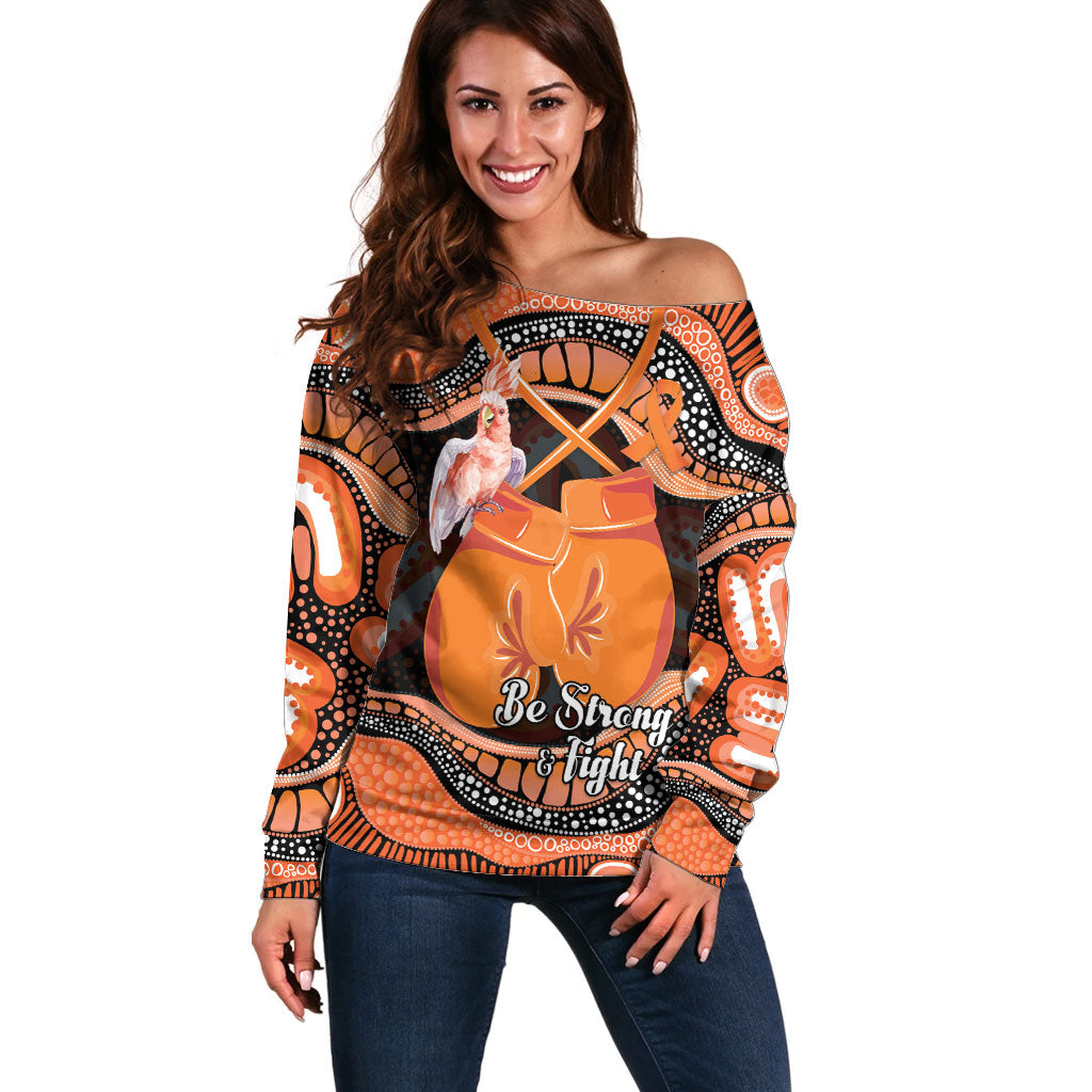Personalised Australia Leukemia Awareness Month Off Shoulder Sweater Aussie Cockatoo Fight Boxing Gloves Aboriginal Art