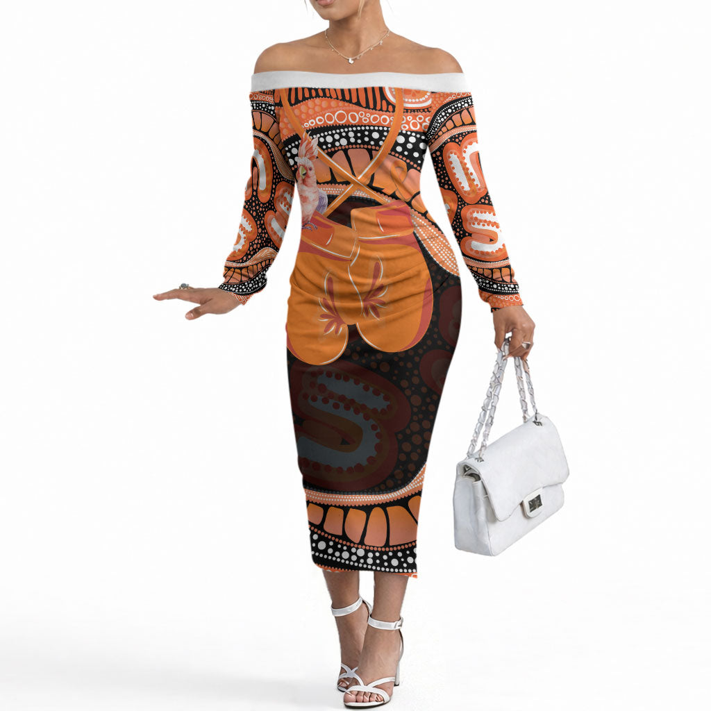 Personalised Australia Leukemia Awareness Month Off The Shoulder Long Sleeve Dress Aussie Cockatoo Fight Boxing Gloves Aboriginal Art