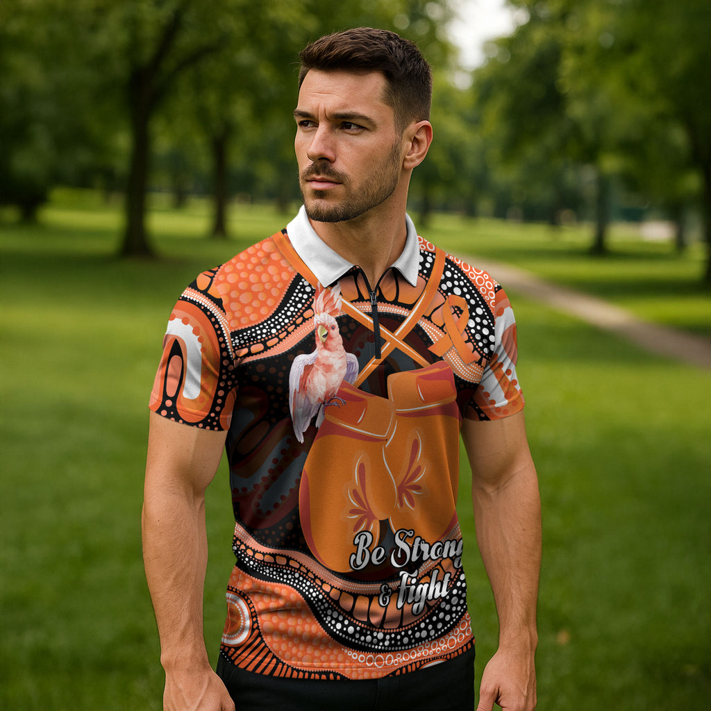 Personalised Australia Leukemia Awareness Month Zipper Polo Shirt Aussie Cockatoo Fight Boxing Gloves Aboriginal Art