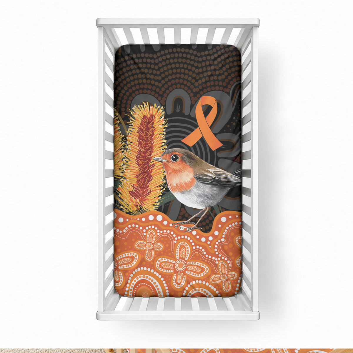 Australia Leukemia Awareness Month Baby Bed Cover Flame Robin Bottlebrush Aboriginal Art