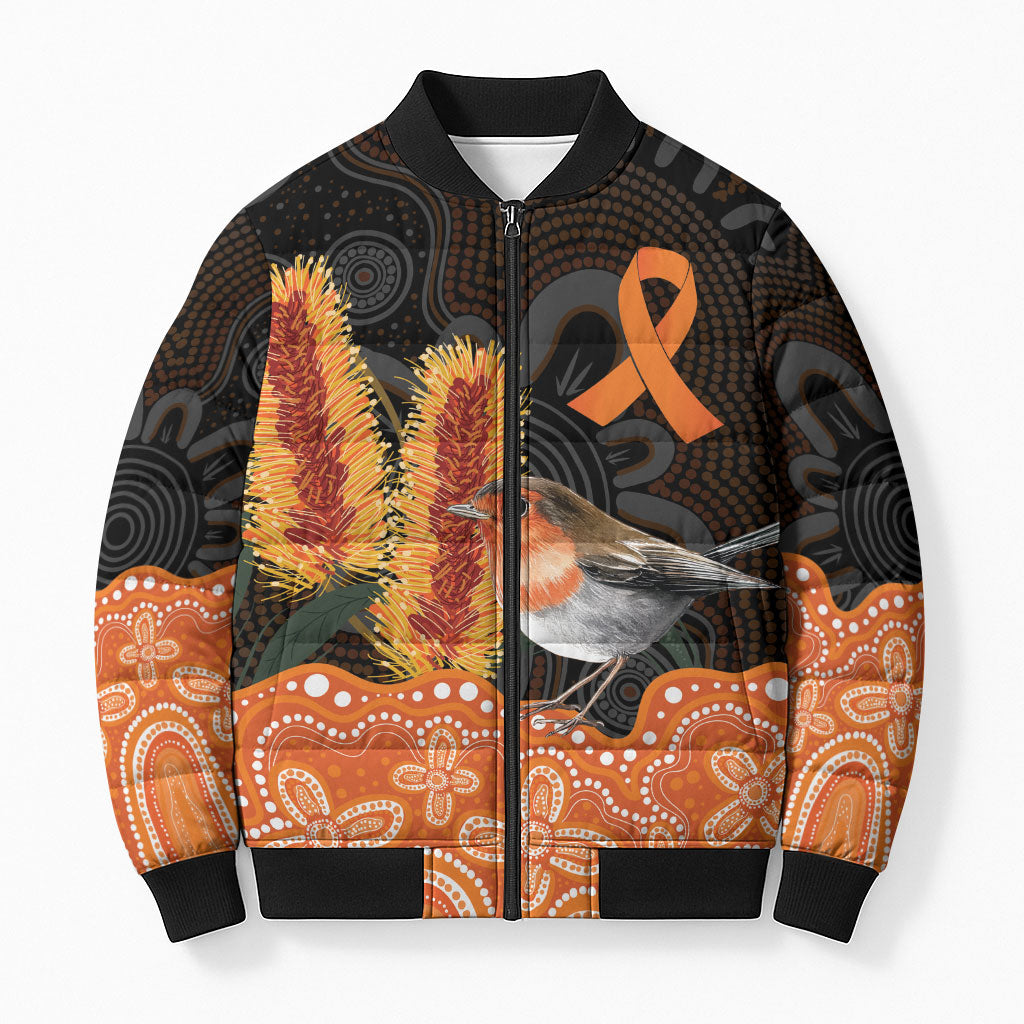 Australia Leukemia Awareness Month Bomber Puffer Jacket Flame Robin Bottlebrush Aboriginal Art