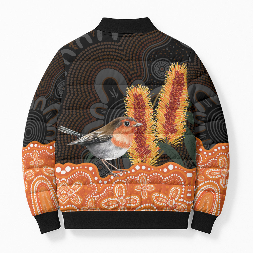 Australia Leukemia Awareness Month Bomber Puffer Jacket Flame Robin Bottlebrush Aboriginal Art