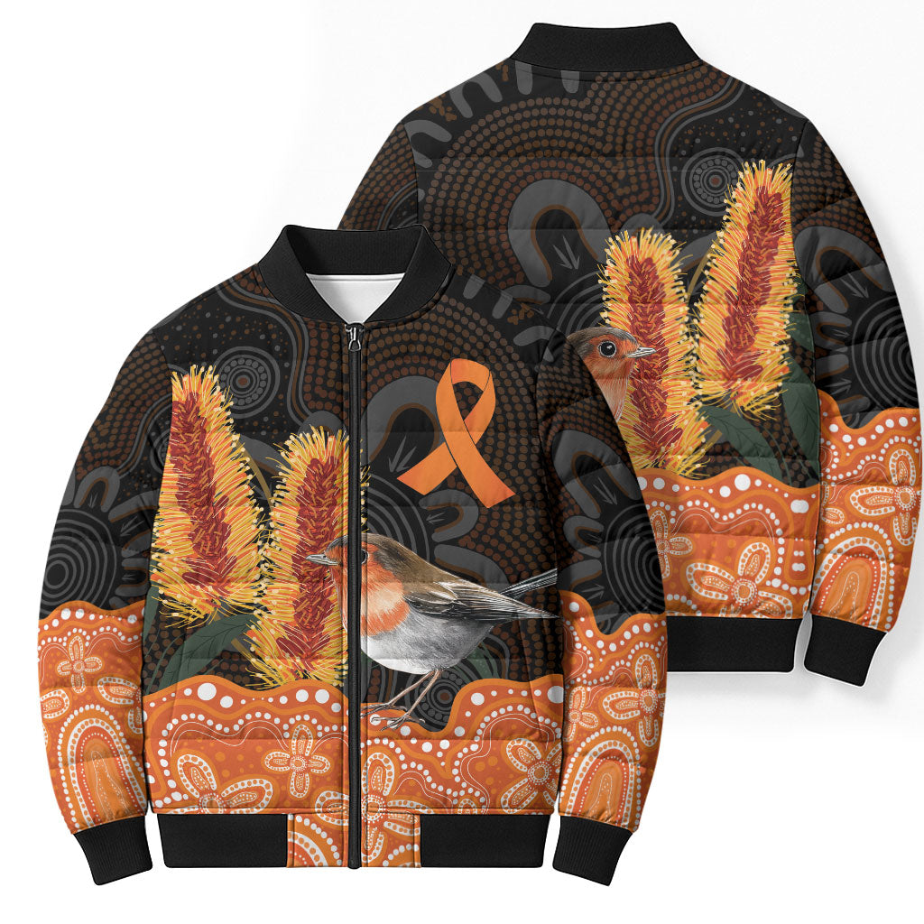 Australia Leukemia Awareness Month Bomber Puffer Jacket Flame Robin Bottlebrush Aboriginal Art