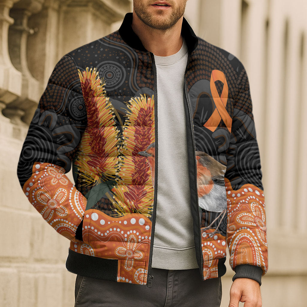 Australia Leukemia Awareness Month Bomber Puffer Jacket Flame Robin Bottlebrush Aboriginal Art