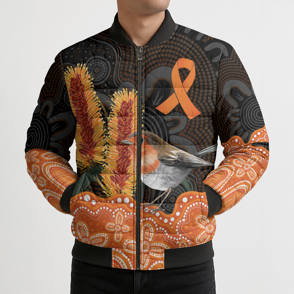 Australia Leukemia Awareness Month Bomber Puffer Jacket Flame Robin Bottlebrush Aboriginal Art