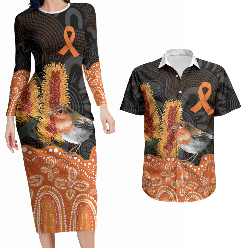 Australia Leukemia Awareness Month Couples Matching Long Sleeve Bodycon Dress and Hawaiian Shirt Flame Robin Bottlebrush Aboriginal Art