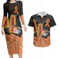 Australia Leukemia Awareness Month Couples Matching Long Sleeve Bodycon Dress and Hawaiian Shirt Flame Robin Bottlebrush Aboriginal Art