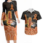 Australia Leukemia Awareness Month Couples Matching Long Sleeve Bodycon Dress and Hawaiian Shirt Flame Robin Bottlebrush Aboriginal Art