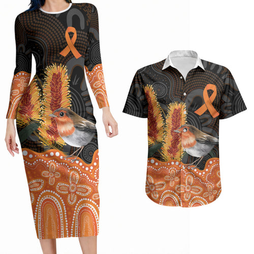 Australia Leukemia Awareness Month Couples Matching Long Sleeve Bodycon Dress and Hawaiian Shirt Flame Robin Bottlebrush Aboriginal Art