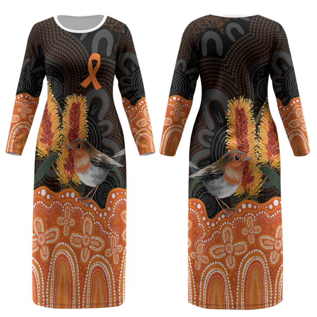 Australia Leukemia Awareness Month Couples Matching Long Sleeve Bodycon Dress and Hawaiian Shirt Flame Robin Bottlebrush Aboriginal Art