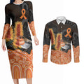 Australia Leukemia Awareness Month Couples Matching Long Sleeve Bodycon Dress and Long Sleeve Button Shirt Flame Robin Bottlebrush Aboriginal Art