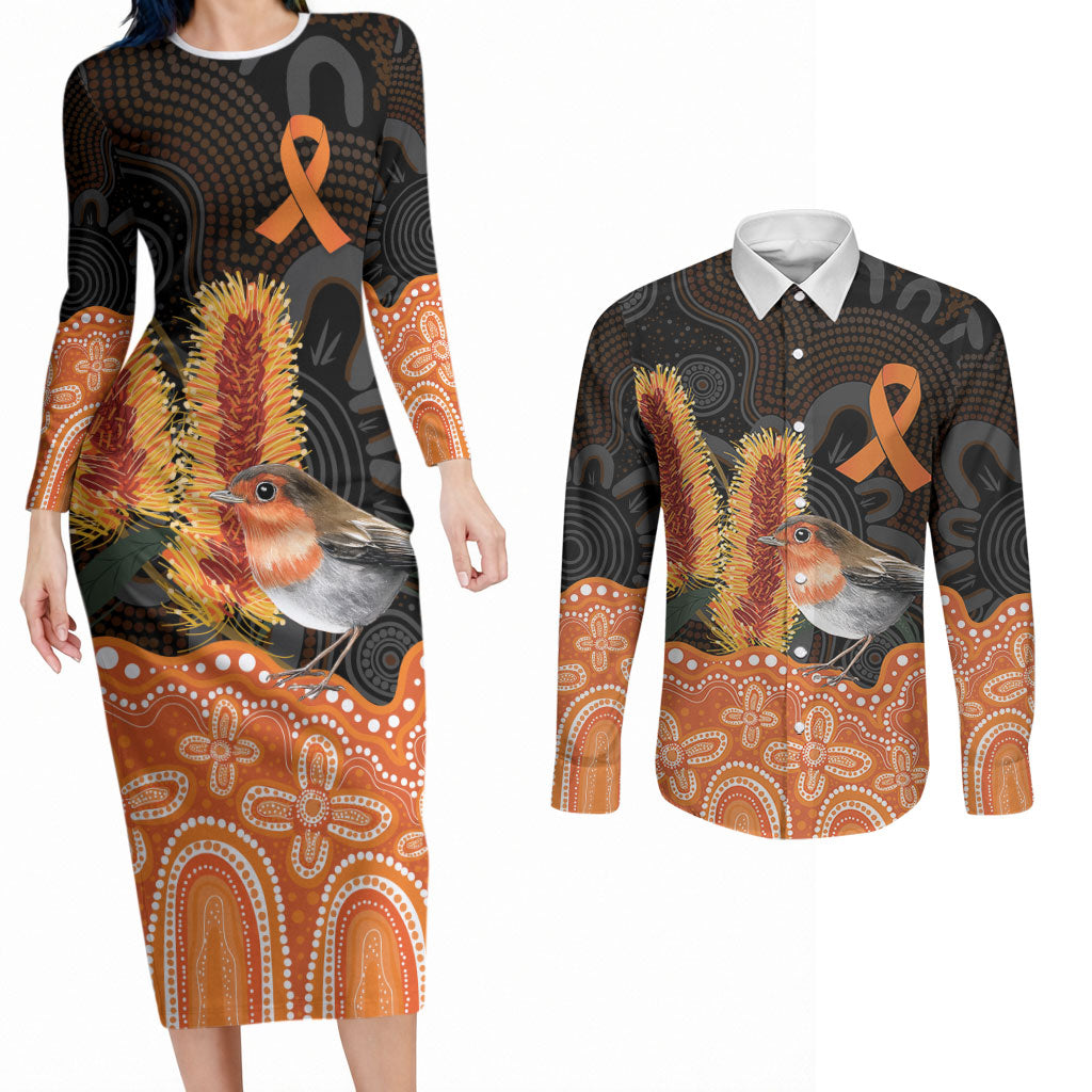 Australia Leukemia Awareness Month Couples Matching Long Sleeve Bodycon Dress and Long Sleeve Button Shirt Flame Robin Bottlebrush Aboriginal Art