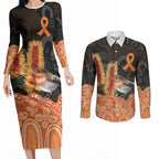 Australia Leukemia Awareness Month Couples Matching Long Sleeve Bodycon Dress and Long Sleeve Button Shirt Flame Robin Bottlebrush Aboriginal Art