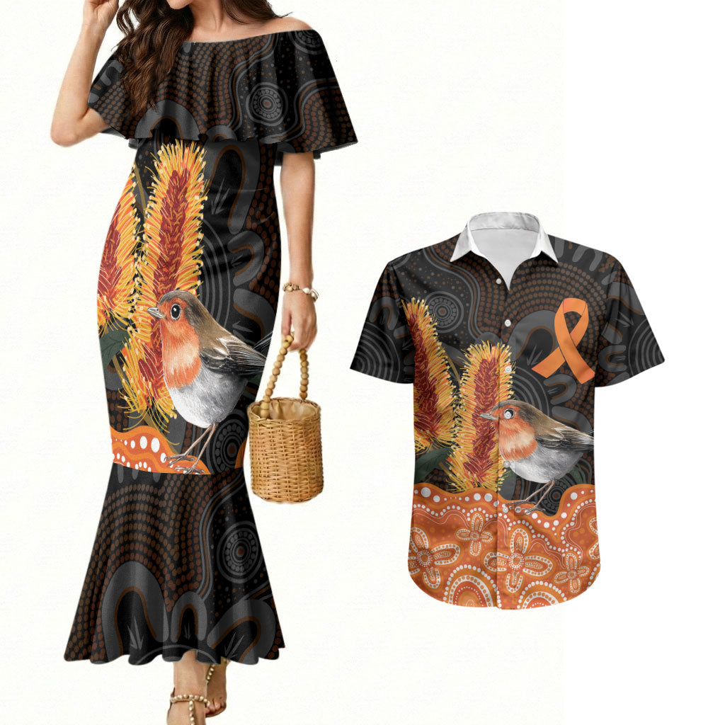 Australia Leukemia Awareness Month Couples Matching Mermaid Dress and Hawaiian Shirt Flame Robin Bottlebrush Aboriginal Art