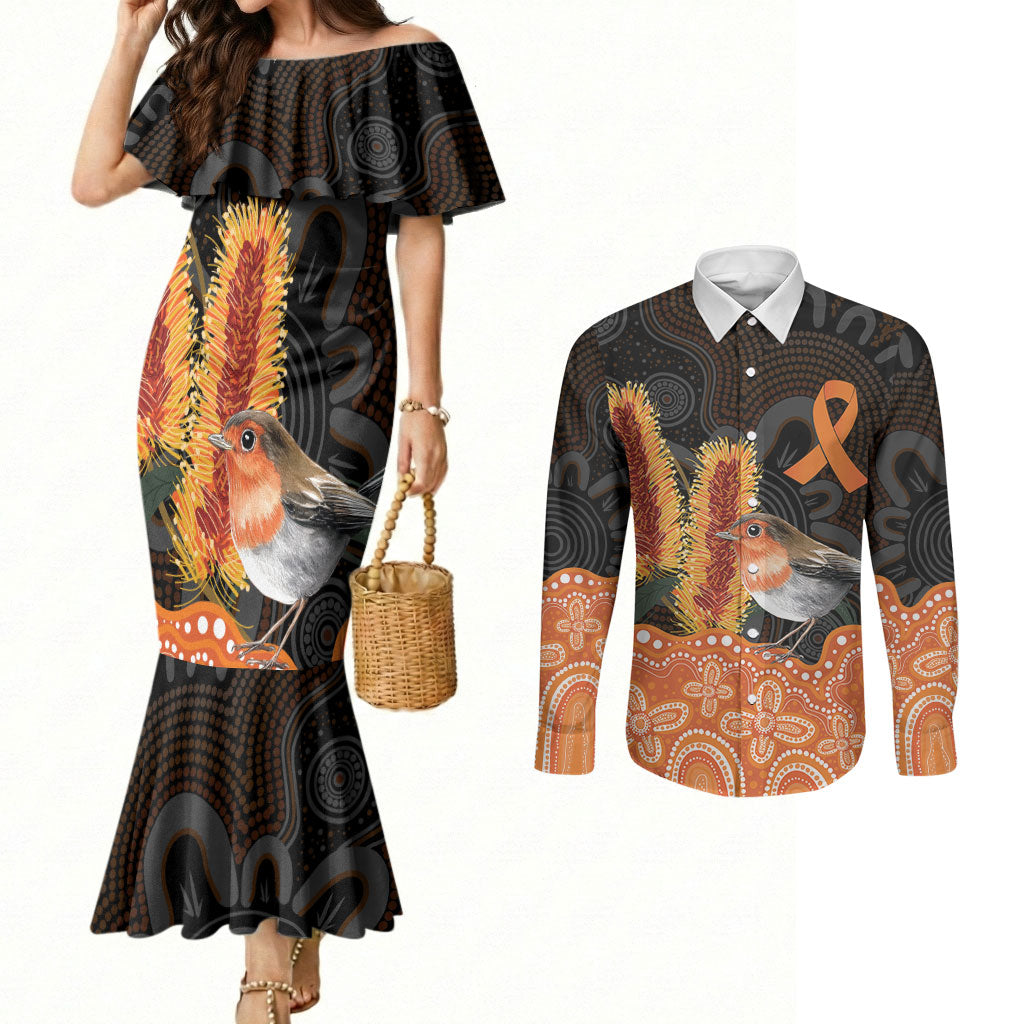 Australia Leukemia Awareness Month Couples Matching Mermaid Dress and Long Sleeve Button Shirt Flame Robin Bottlebrush Aboriginal Art
