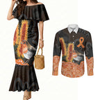 Australia Leukemia Awareness Month Couples Matching Mermaid Dress and Long Sleeve Button Shirt Flame Robin Bottlebrush Aboriginal Art